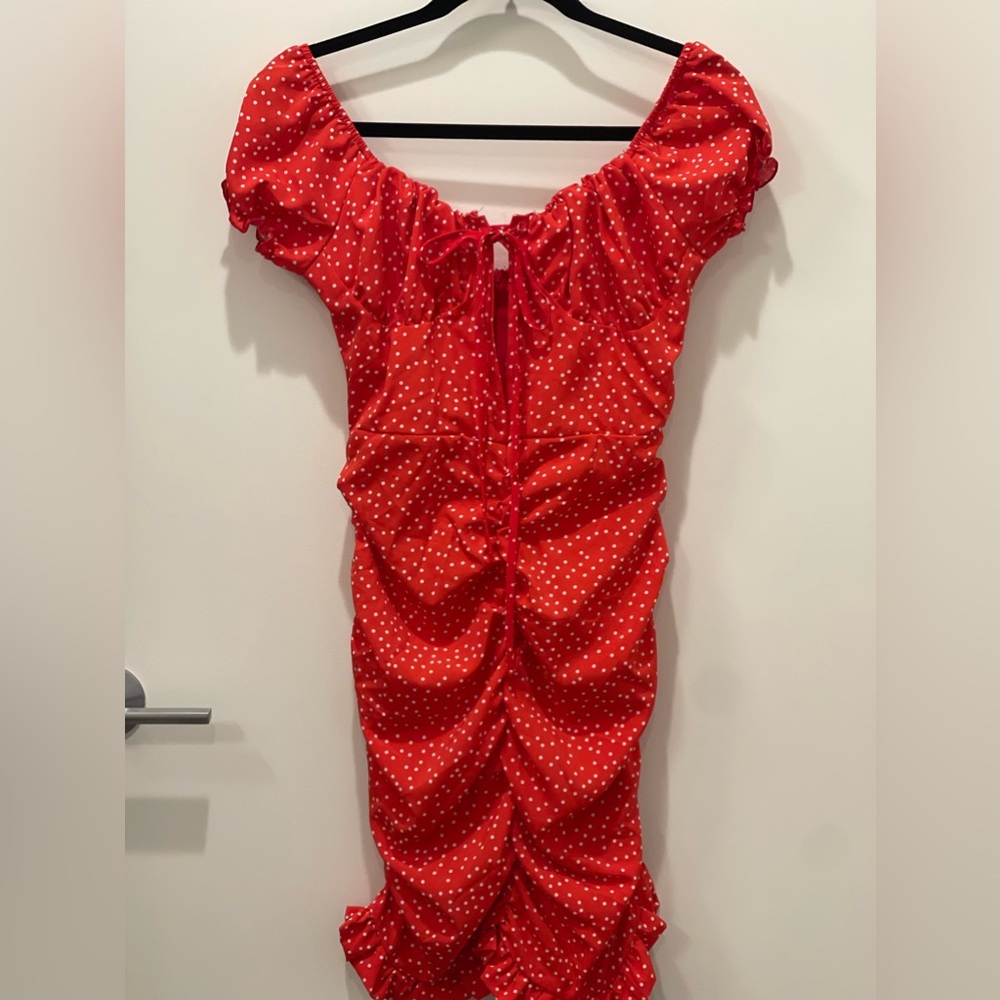 Off the shoulder, red polka dot dress